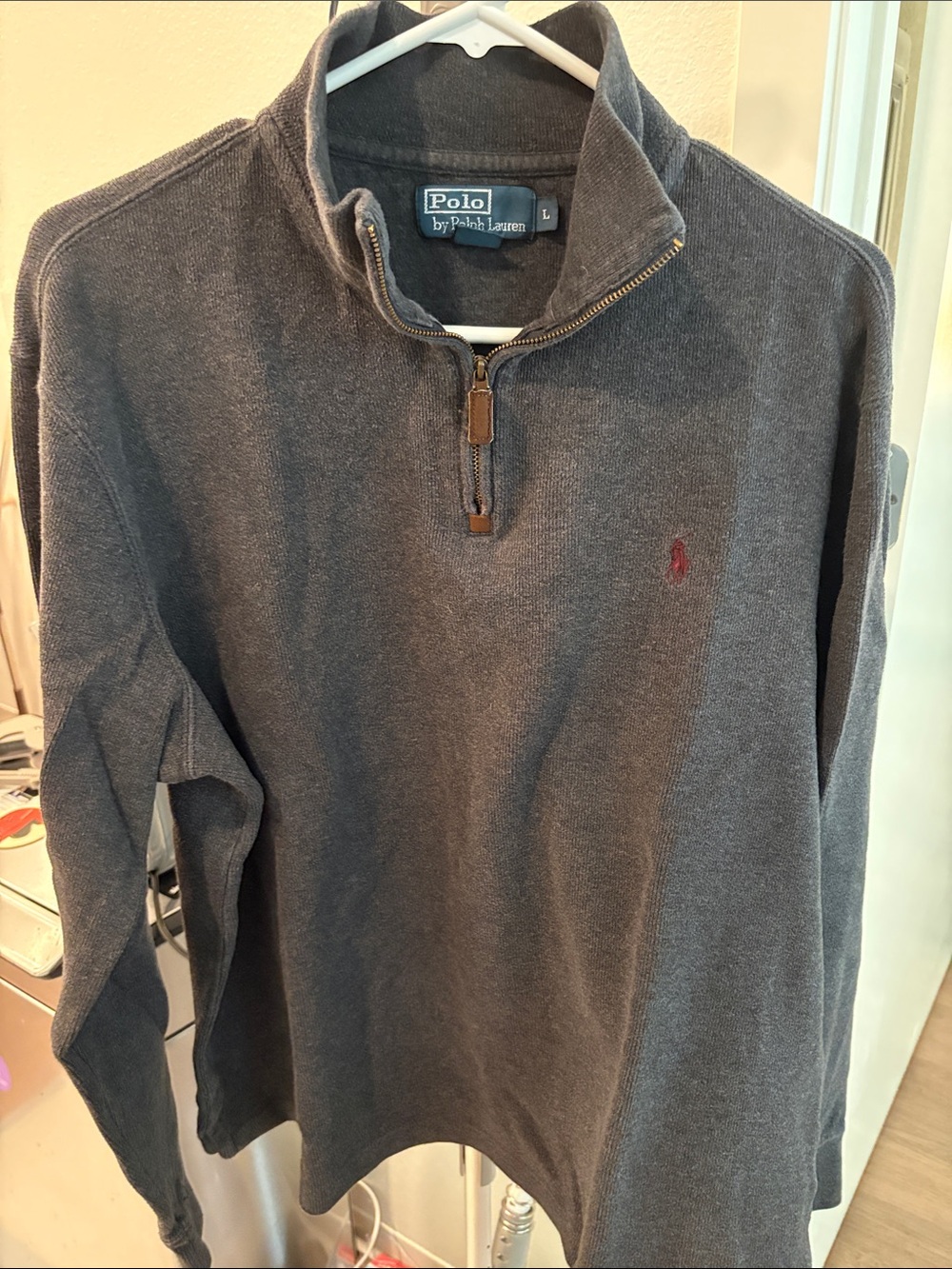 Polo by Ralph Lauren Dark Charcoal Zip-Neck Sweater with Red Pony